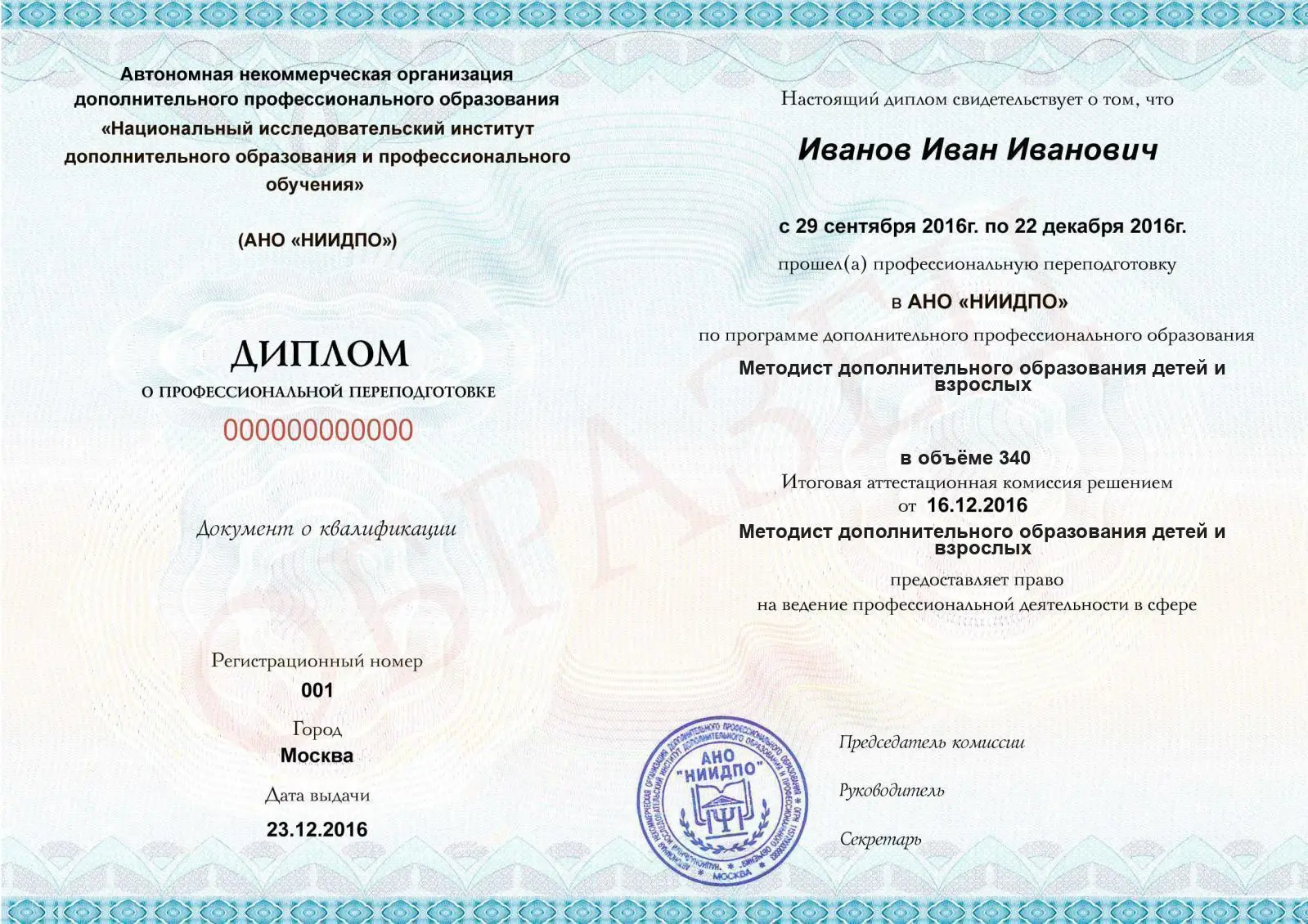 Диплом о дополнительном профессиональном образовании